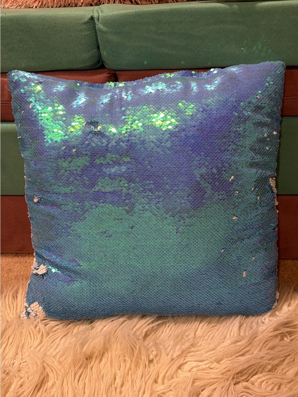 16" Iridiscent Blue-Green-Purple Sequin Throw Pillow - Reversible Mermaid Style